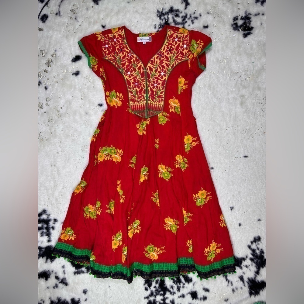 Westside Ethnic Red Yellow Short Sleeve Fringe Cotton Maxi Dress Size Small